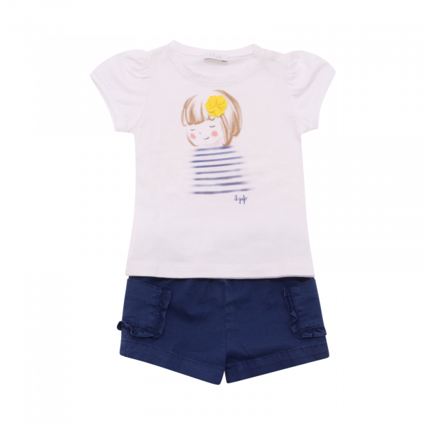 1130AQ completo bimba IL GUFO girl kids set white/blue delavè