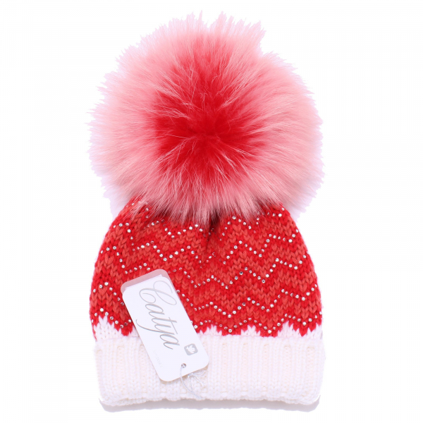4947Y cuffia bimba girl CATYA white/red wool real fur hat