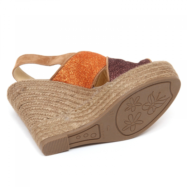 D2560 sandalo donna brown/orange ESPADRILLES zeppa glitter shoe woman