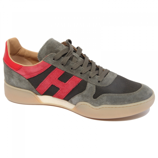 G5306 sneaker uomo HOGAN H357 army green red suede fabric shoes man