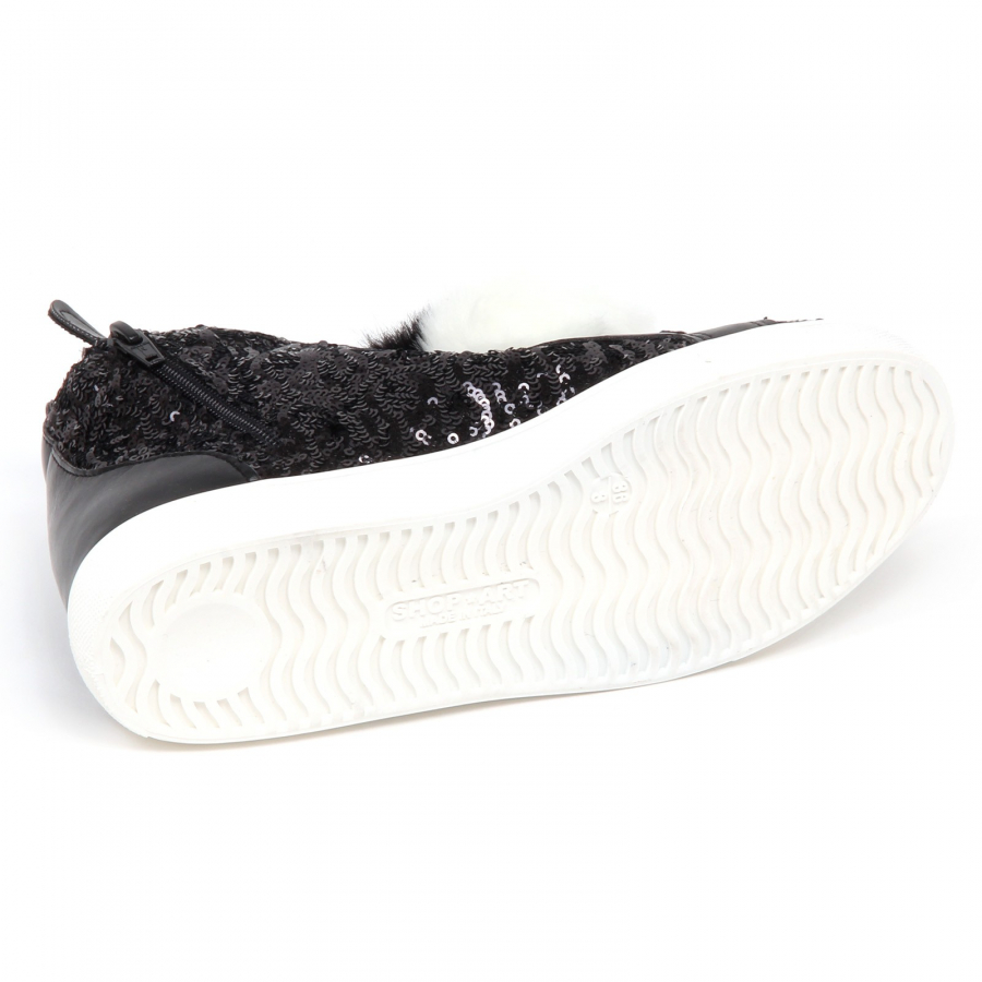 E1722 sneaker bimba nero SHOP ART KIDS paillettes pon pon shoe girl