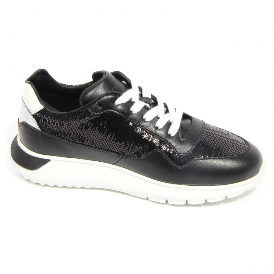 G4026 sneaker bimba girl HOGAN black/white/silver leather/paillettes ...